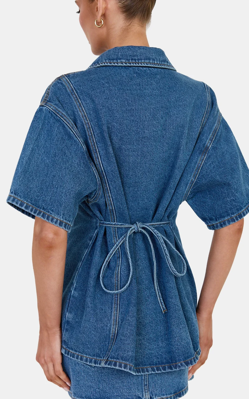 Arabella Top - Oversized Denim Short Sleeve Tie Back Detail Shirt in Dark Blue Wash