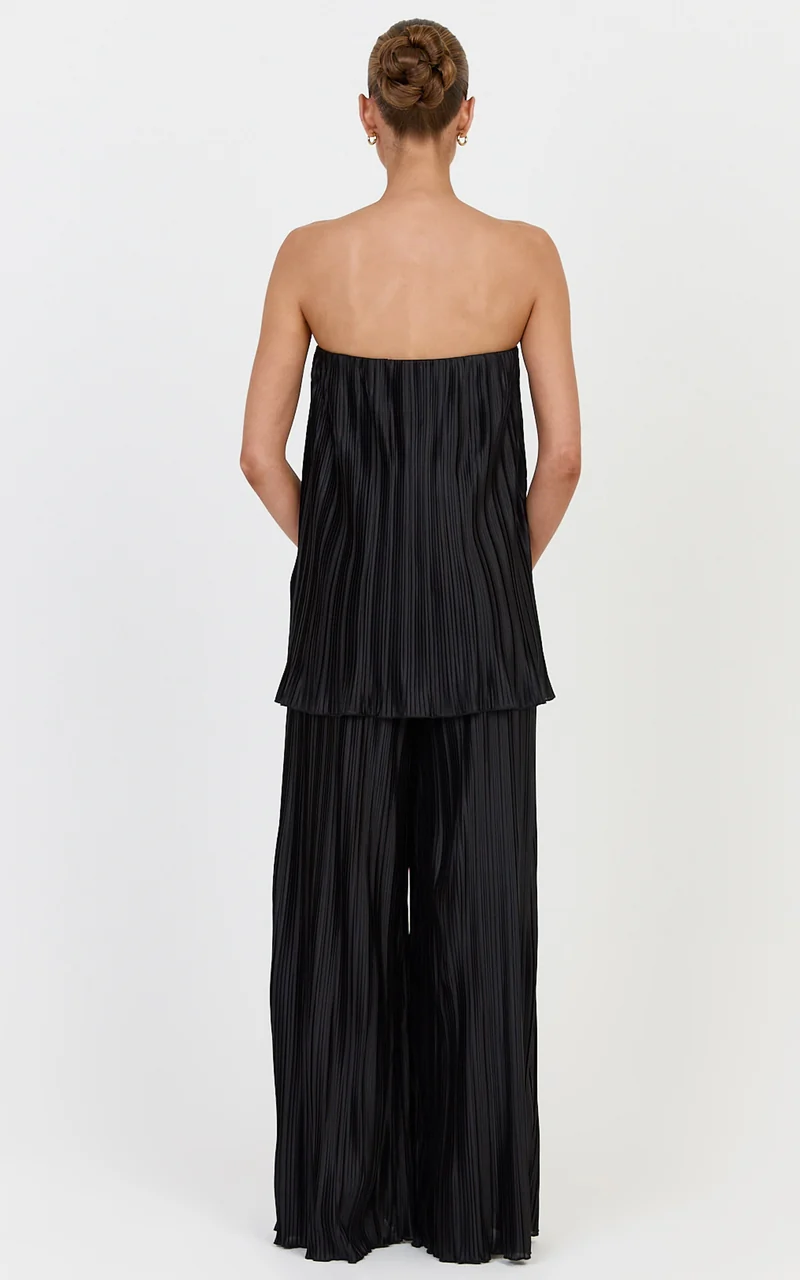 Evangeline Two Piece Top and Pants Set - Strapless Plisse Top & Pant Set in Black