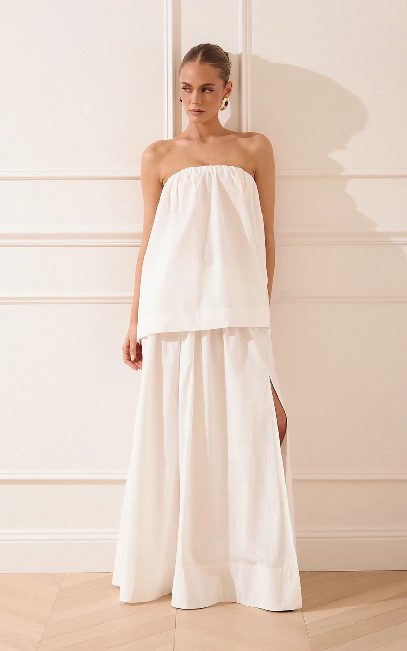 Melody Two Piece Top and Skirt Set - Cotton Strapless Top and Maxi Skirt Set in Off White