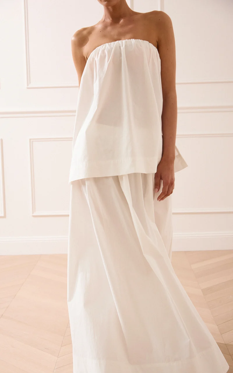 Melody Two Piece Top and Skirt Set - Cotton Strapless Top and Maxi Skirt Set in Off White