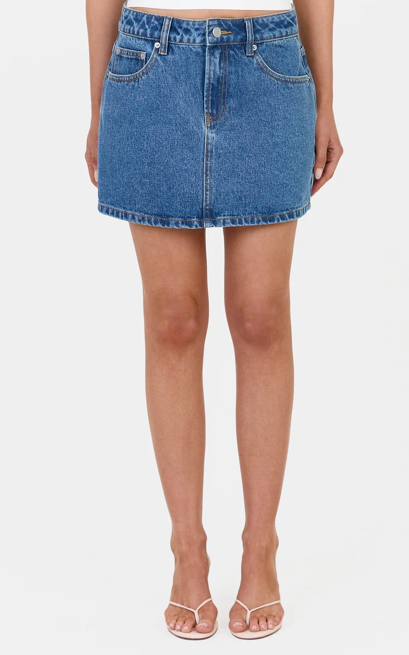 Kaitlyn Mini Skirt - Denim Low Rise Mini Skirt in Dark Blue Wash