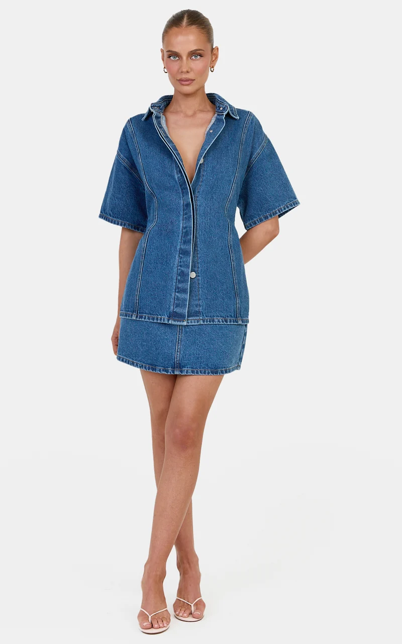 Kaitlyn Mini Skirt - Denim Low Rise Mini Skirt in Dark Blue Wash