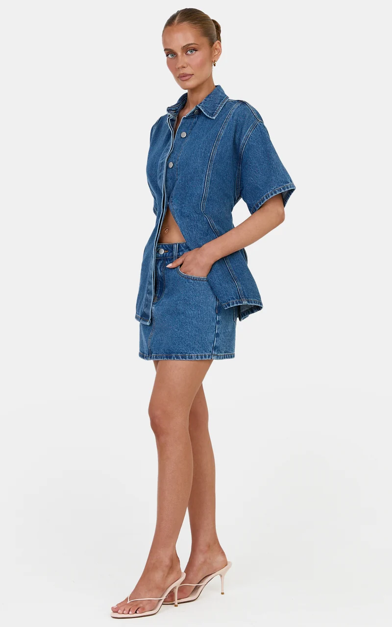 Kaitlyn Mini Skirt - Denim Low Rise Mini Skirt in Dark Blue Wash