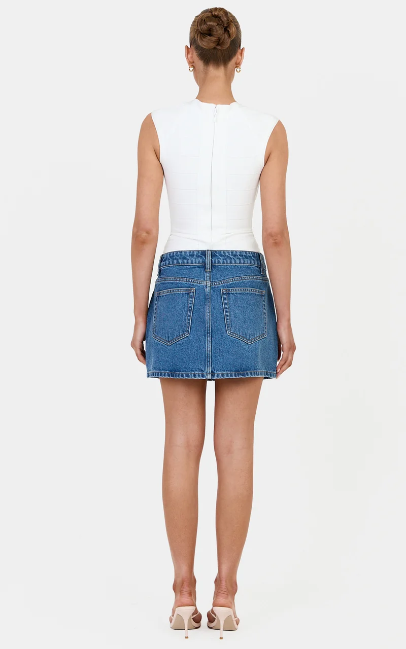 Kaitlyn Mini Skirt - Denim Low Rise Mini Skirt in Dark Blue Wash