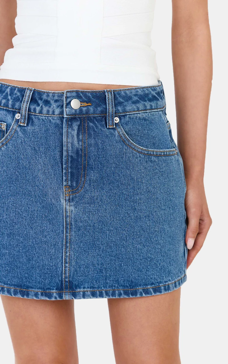 Kaitlyn Mini Skirt - Denim Low Rise Mini Skirt in Dark Blue Wash