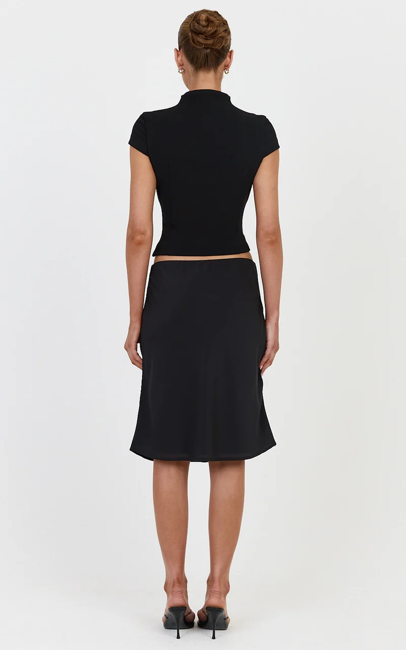 Bryonie Midi Skirt - Mid Waist Knee Length Bias Cut Skirt in Black
