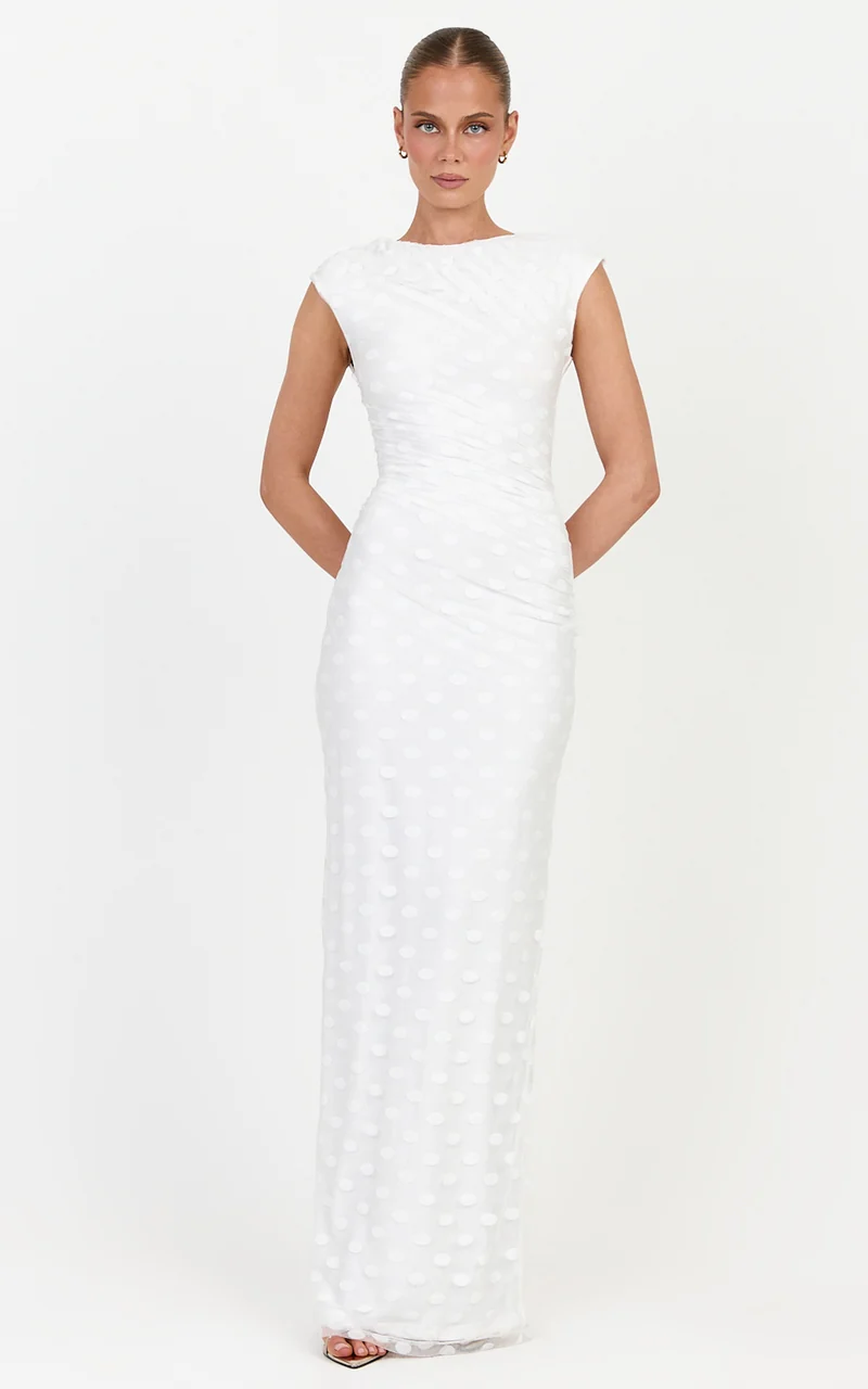 Bessette Maxi Dress - Polka Dot Mesh Maxi Dress in Ivory