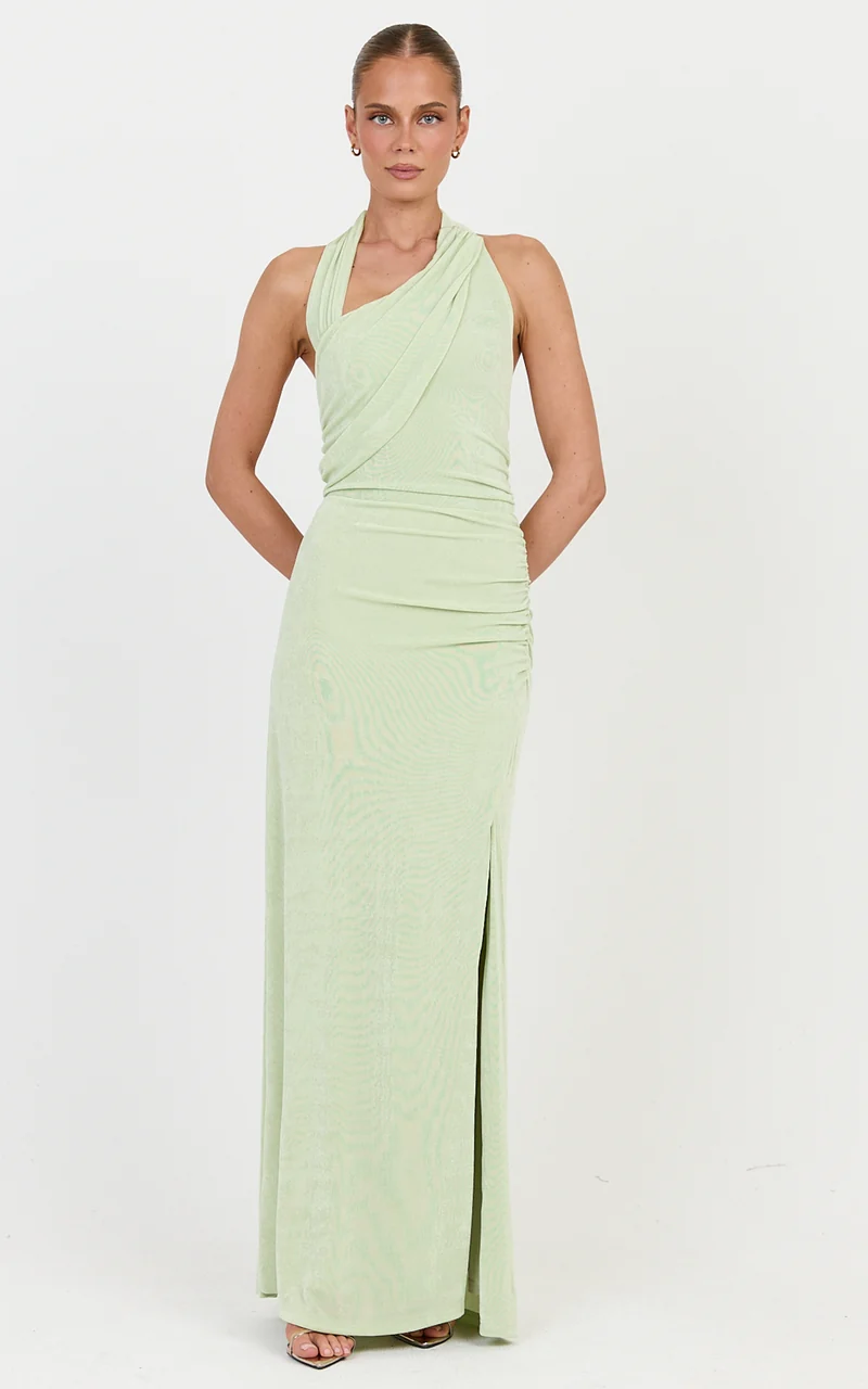 Matilda Maxi Dress - Draped Halterneck Side Split Maxi Dress in Pistachio