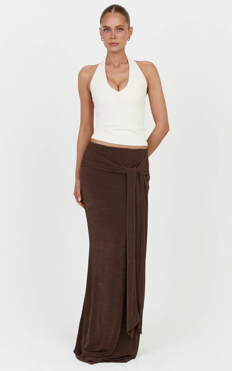 Margaret Maxi Skirt - Tie Waist Jersey Maxi Skirt in Chocolate