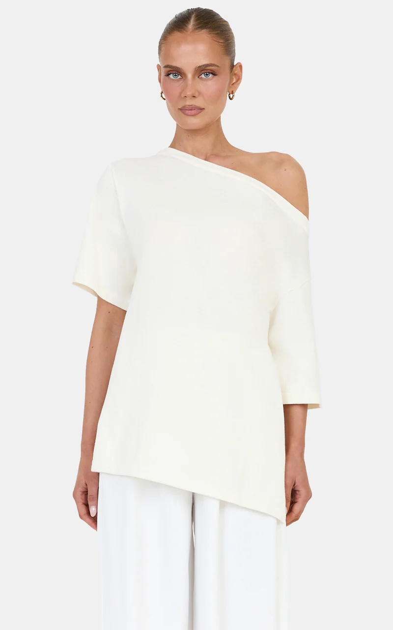 Angela Top - Cotton Oversized Asymmetrical Knit T Shirt in Ivory