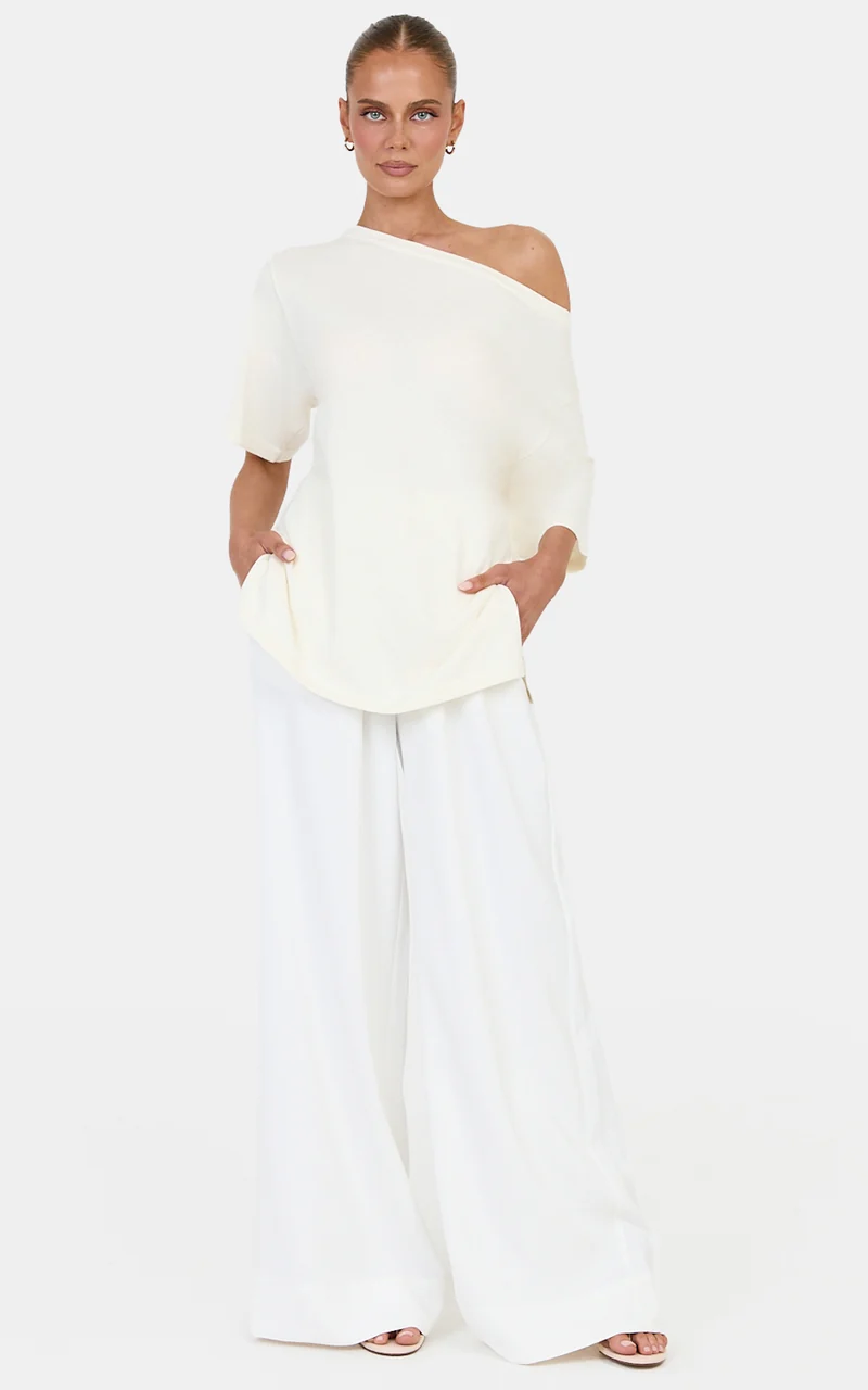 Angela Top - Cotton Oversized Asymmetrical Knit T Shirt in Ivory
