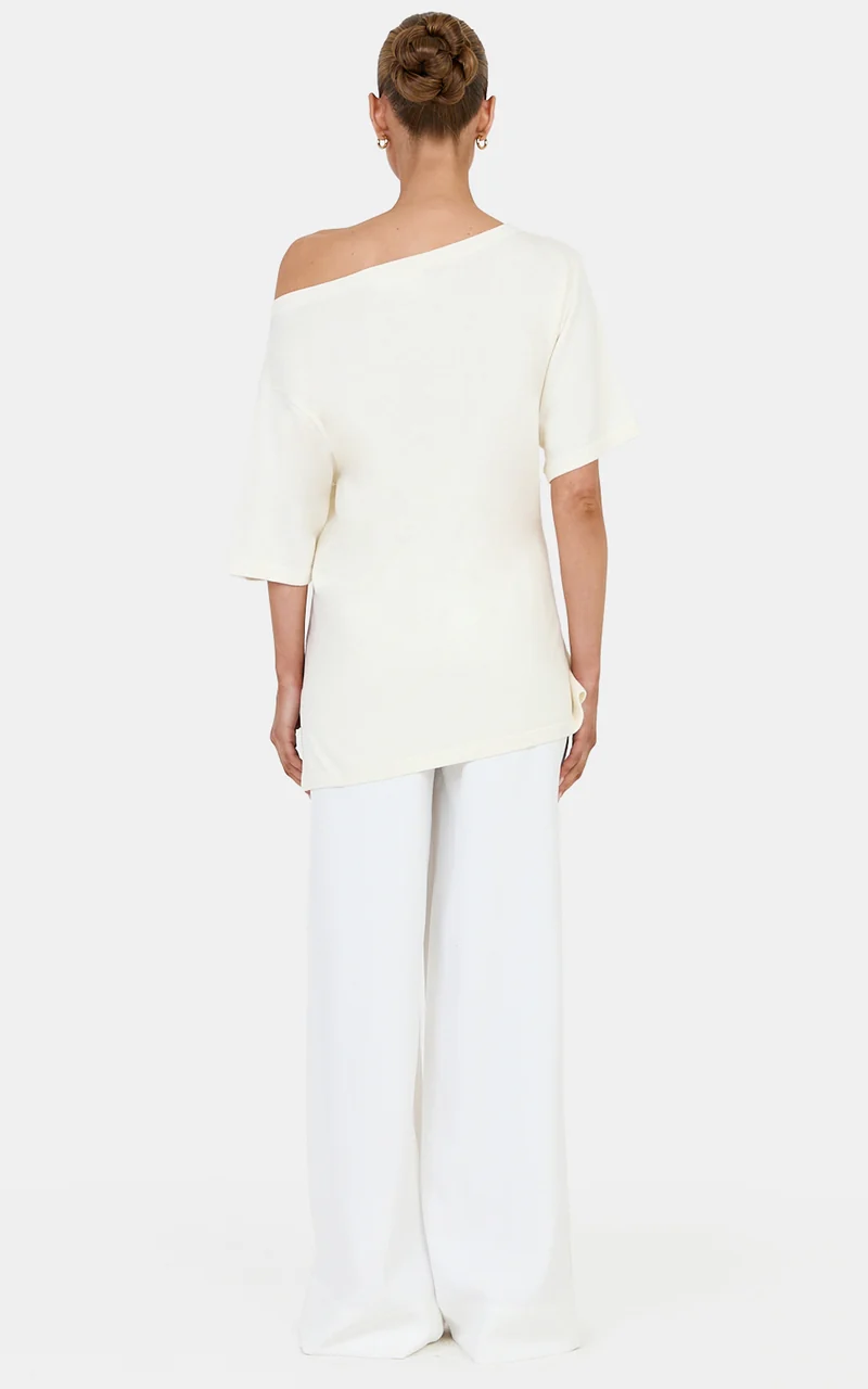 Angela Top - Cotton Oversized Asymmetrical Knit T Shirt in Ivory