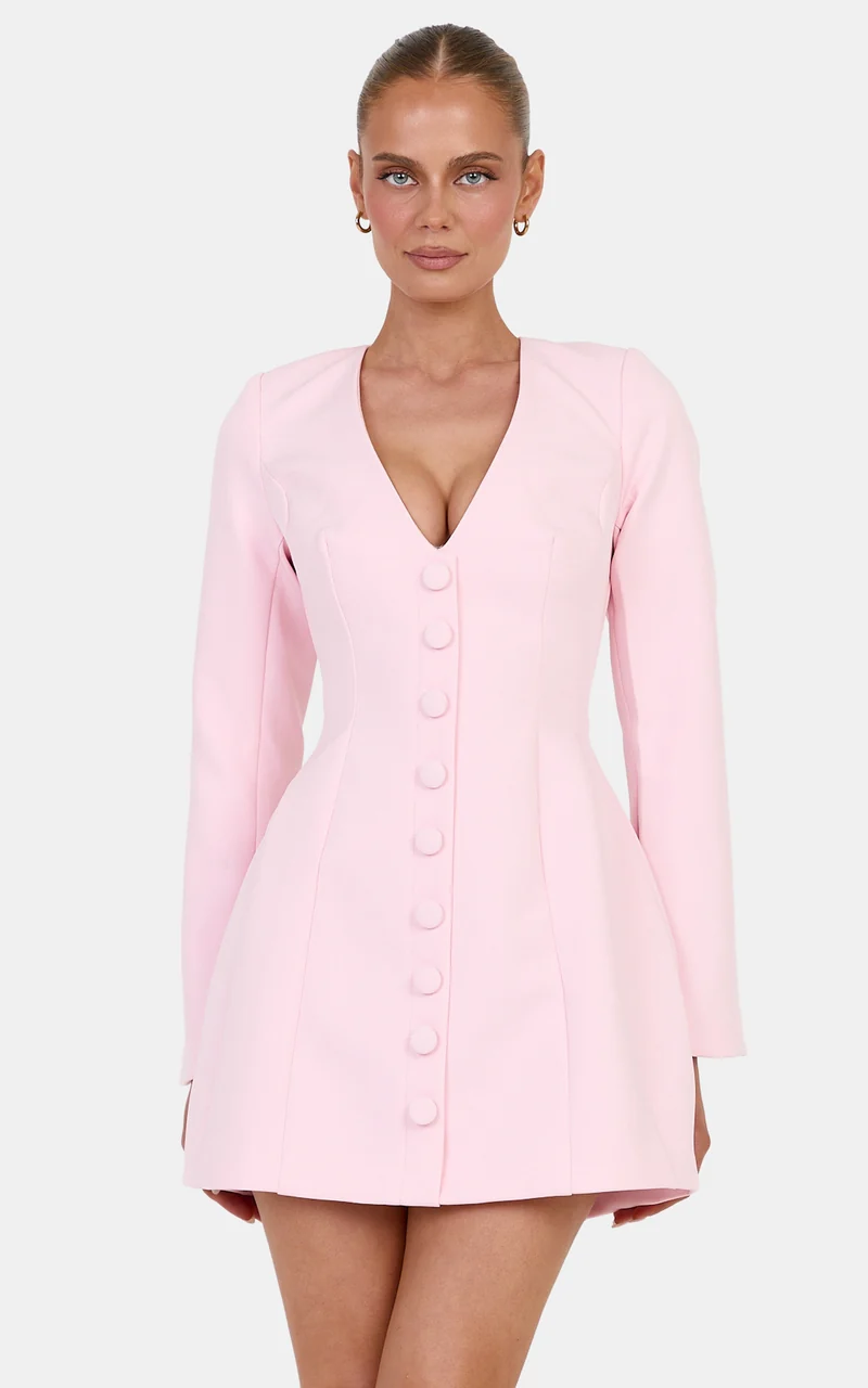 Lavender Mini Dress - Wide Neck Button Down Blazer Dress in Baby Pink