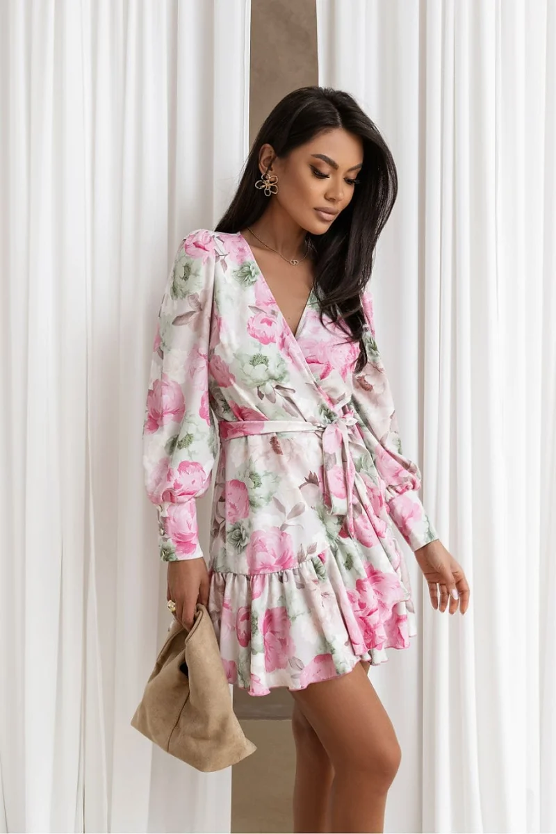 Robe portefeuille fleurie courte manches longues