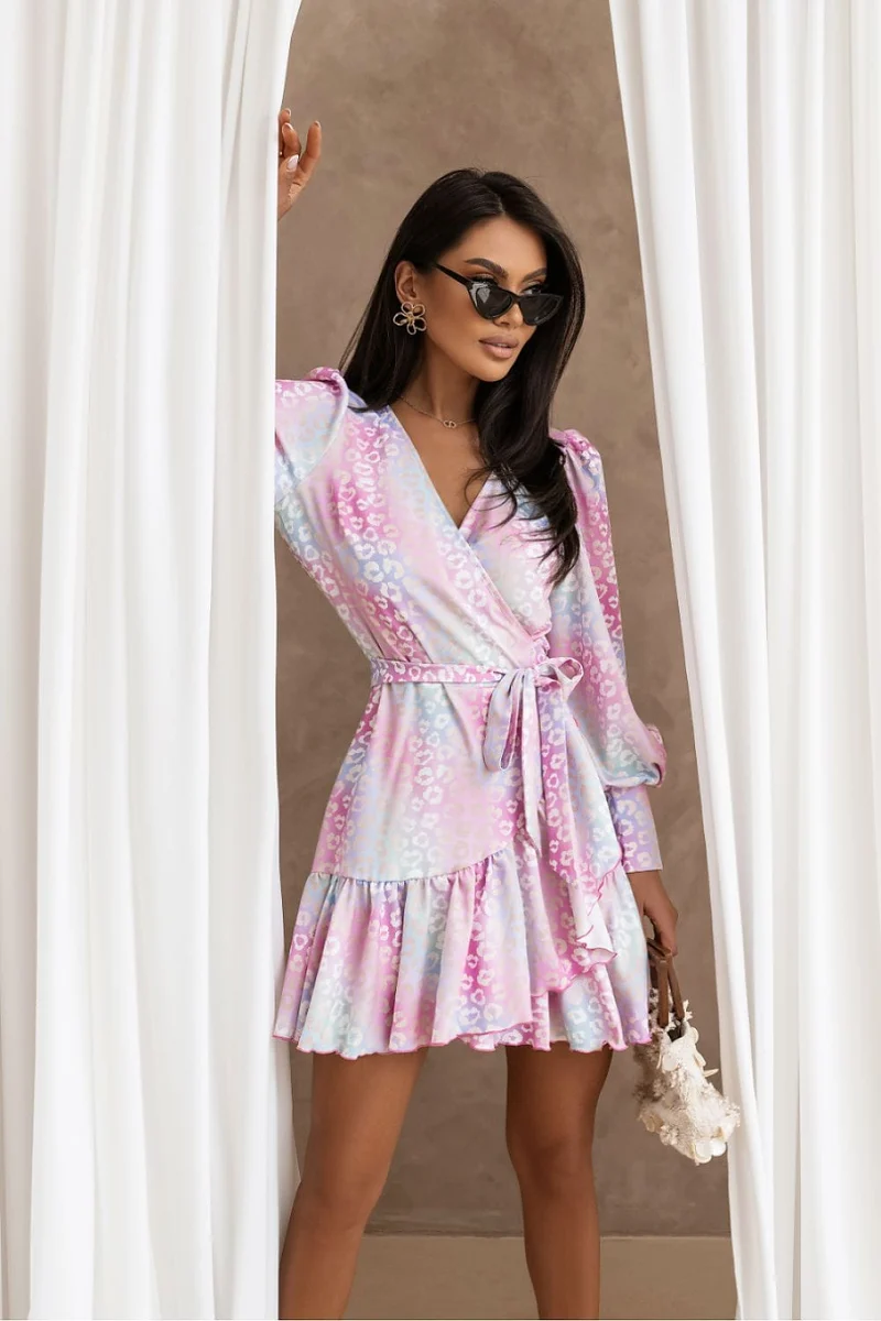 Robe portefeuille courte pastel manches longues