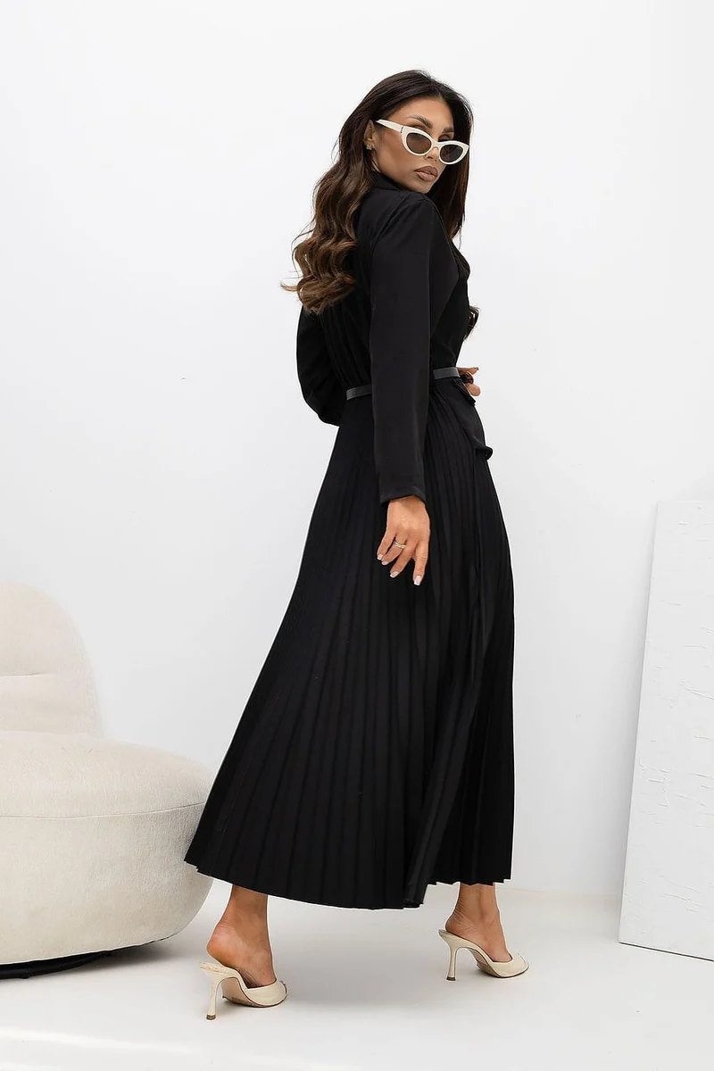 Robe longue noire jupe plissée manches longues