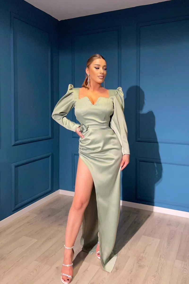 Robe de soirée à manches longues et col en V, couleur sauge poussiéreuse, avec fente sur le devant