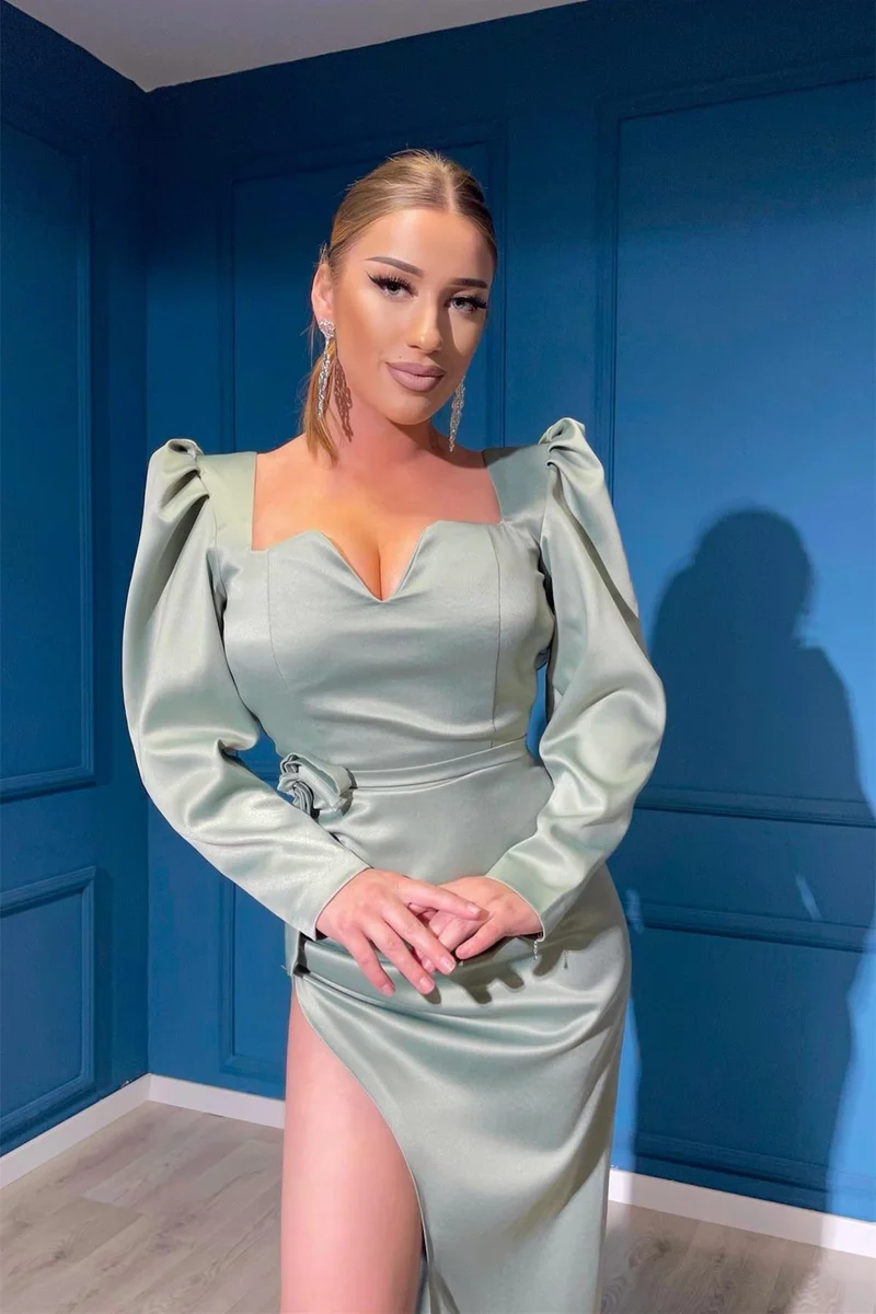 Robe de soirée à manches longues et col en V, couleur sauge poussiéreuse, avec fente sur le devant
