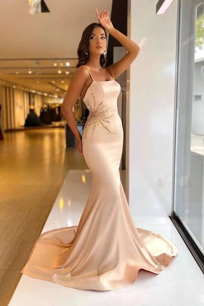 Robe de bal sirène élégante à bretelles spaghetti et perles, longue robe de soirée