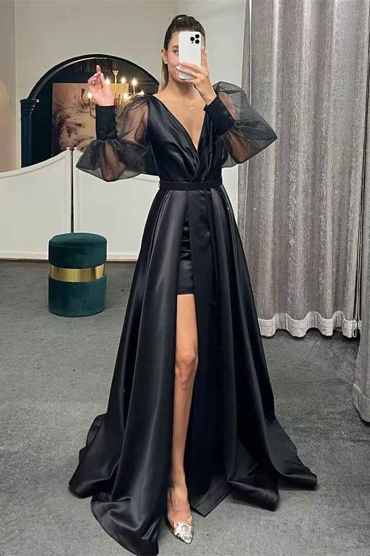 Robe de soirée élégante à manches longues bouffantes et coupe trapèze avec fente sur la cuisse