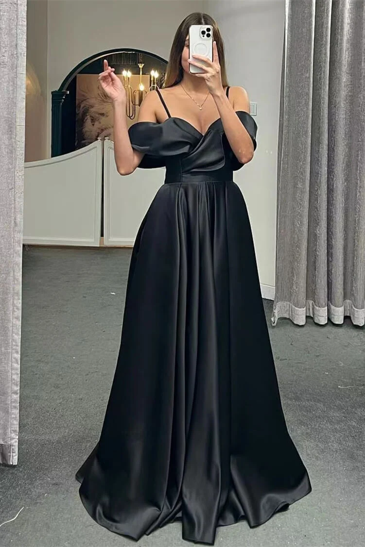 Robe de soirée trapèze à bretelles spaghetti et épaules dénudées avec dos lacé