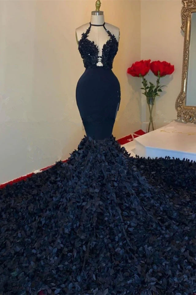 Robe de bal sirène bleu marine foncé à col en V et licou avec appliqués