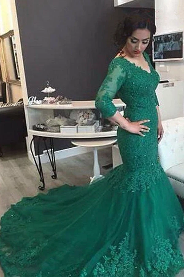 Robe de bal sirène vert émeraude avec appliques en dentelle, col en V, manches 3/4
