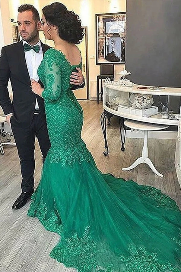 Robe de bal sirène vert émeraude avec appliques en dentelle, col en V, manches 3/4