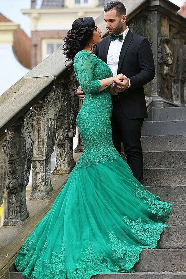 Robe de bal sirène vert émeraude avec appliques en dentelle, col en V, manches 3/4