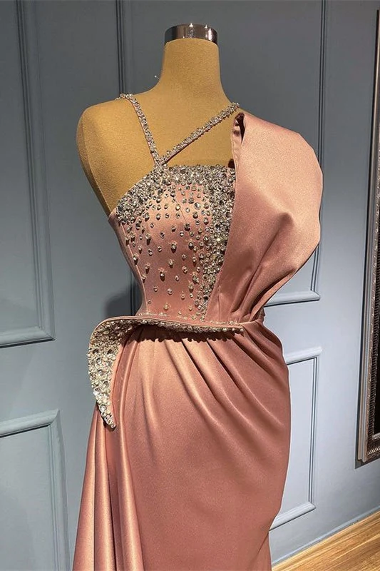 Robe de bal sirène rose perlée avec bretelles spaghetti et volants
