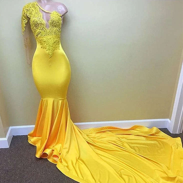Robe de bal sirène jaune éclatante à une épaule avec des applications délicates