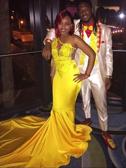 Robe de bal sirène jaune éclatante à une épaule avec des applications délicates