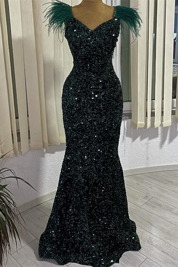 Robe de soirée sirène vert foncé à paillettes, col en V et plumes