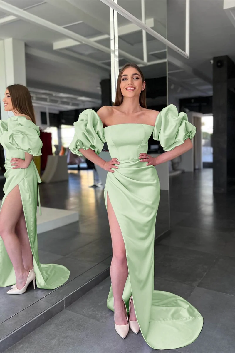 Robe de bal sirène rose élégante sans bretelles avec fente et manches