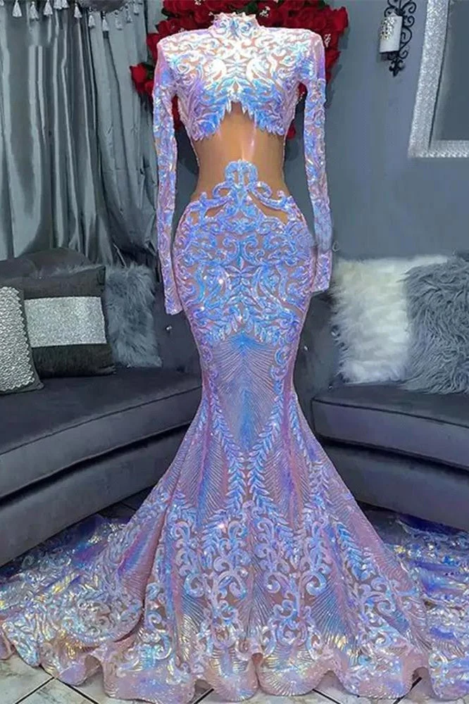 Robe de bal sirène élégante à col haut et manches longues en dentelle pailletée