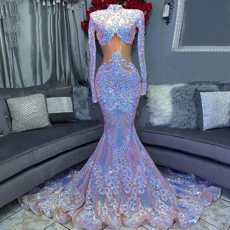 Robe de bal sirène élégante à col haut et manches longues en dentelle pailletée