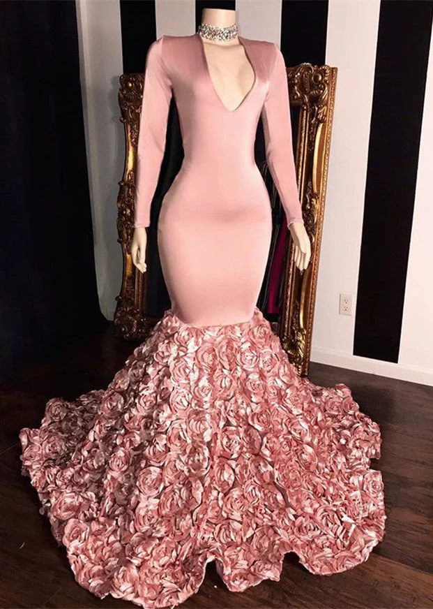 Robe de bal sirène élégante à col en V et manches longues avec bas fleuri