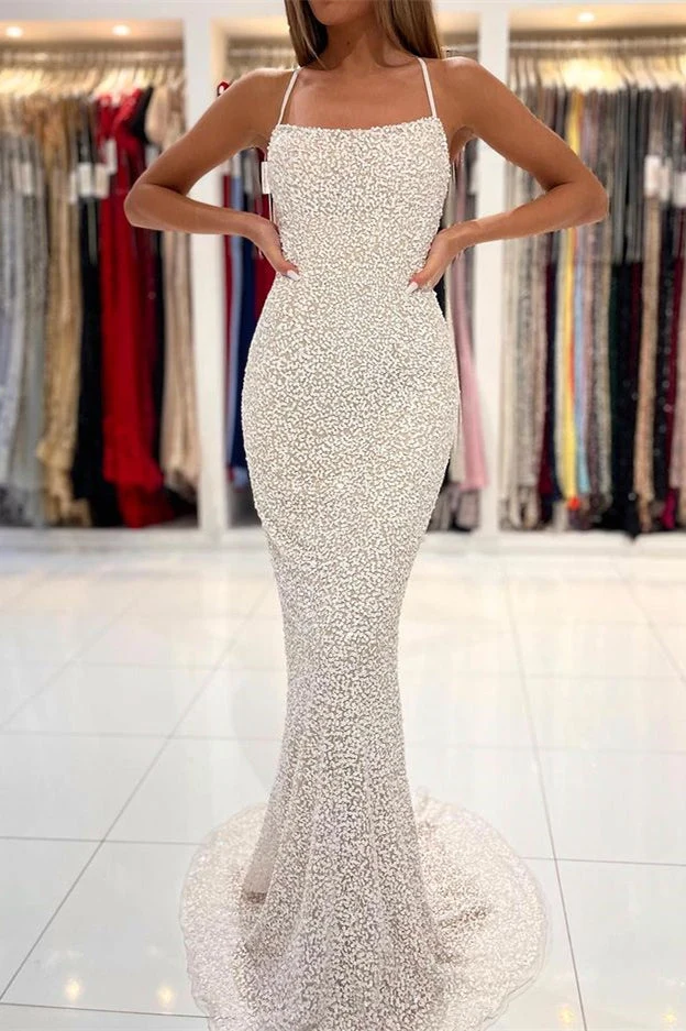 Robe de bal sirène à sequins sans bretelles, dos nu et bretelles spaghetti