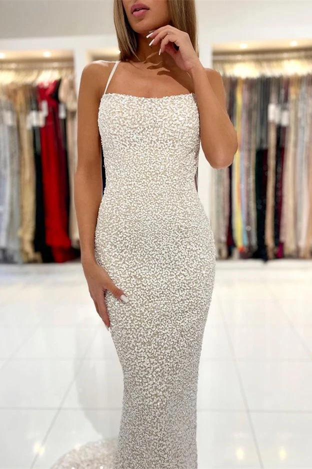 Robe de bal sirène à sequins sans bretelles, dos nu et bretelles spaghetti