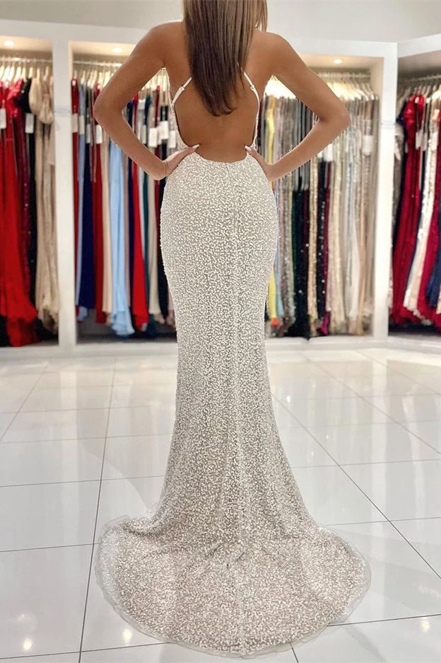 Robe de bal sirène à sequins sans bretelles, dos nu et bretelles spaghetti