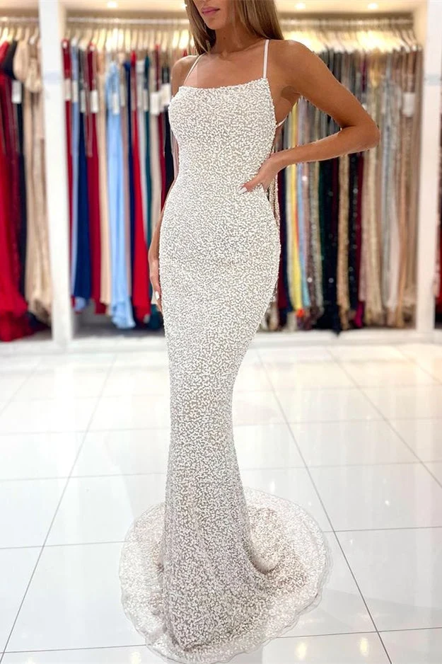 Robe de bal sirène à sequins sans bretelles, dos nu et bretelles spaghetti