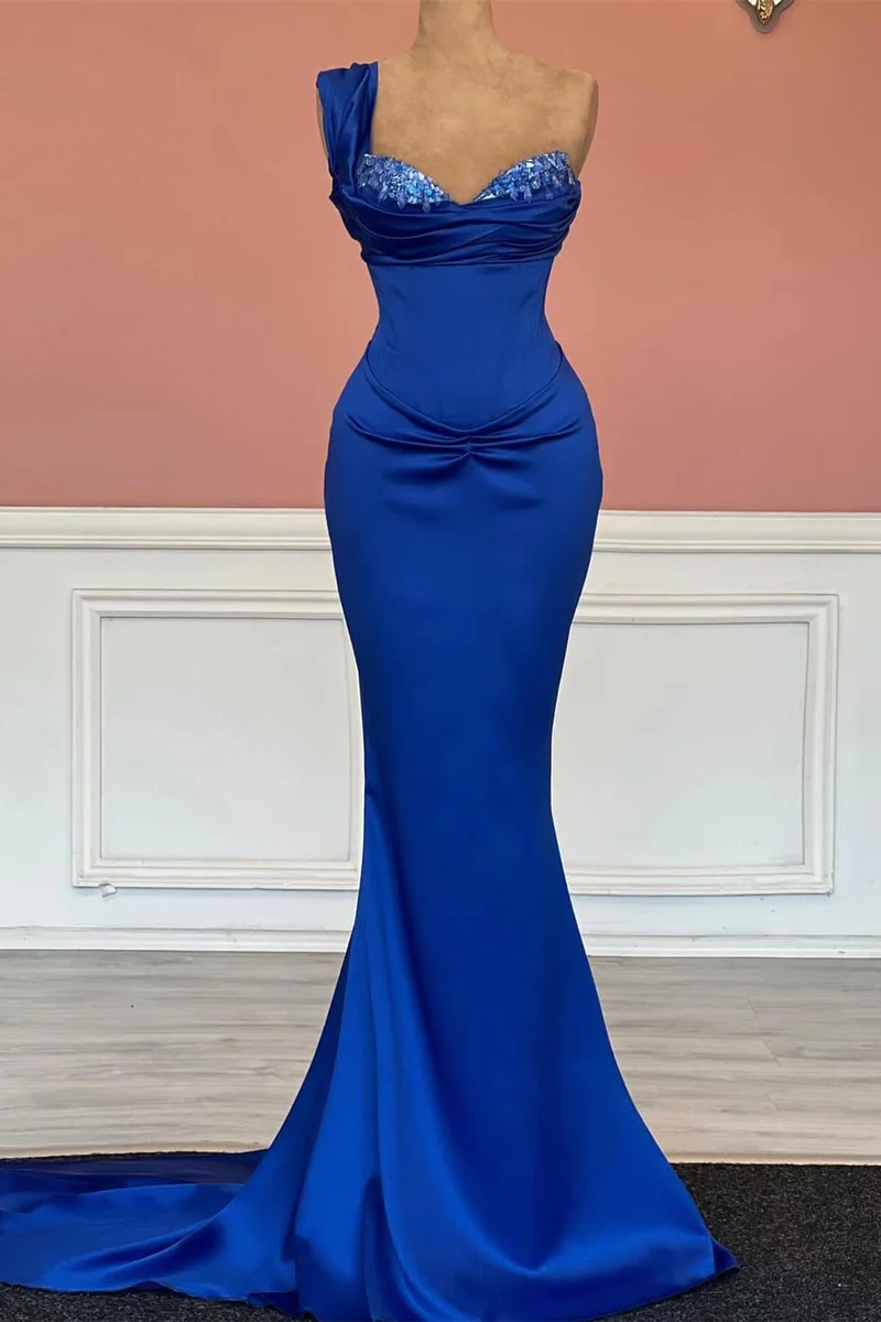 Robe de bal sirène longue à une épaule et sequins bleu roi