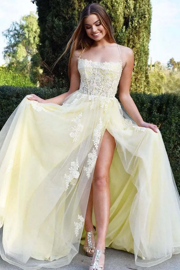 Robe de bal sirène à bretelles spaghetti et dentelle appliquée, couleur jonquille, avec fente