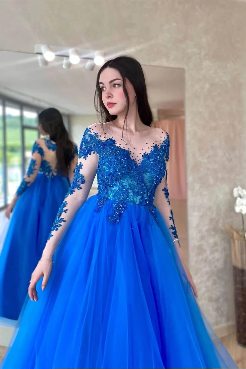 Superbe robe de soirée en tulle bleu roi à manches longues