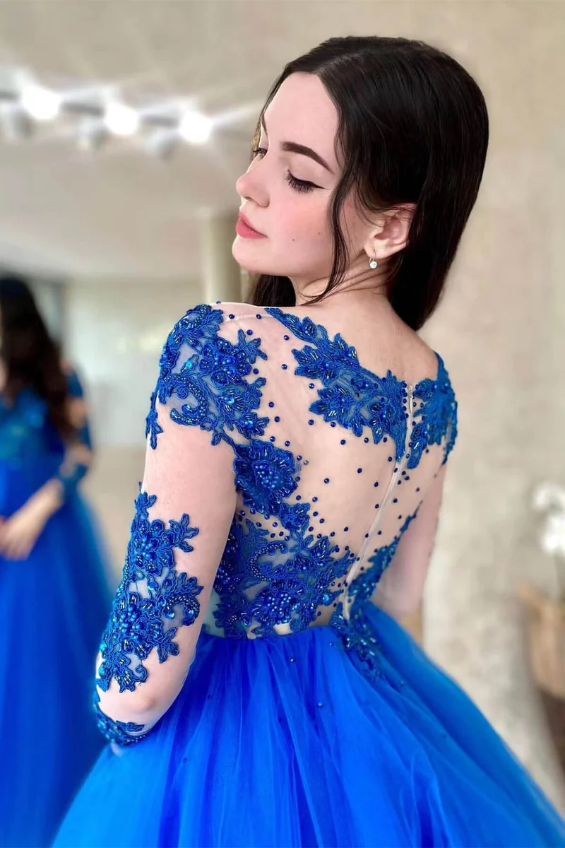 Superbe robe de soirée en tulle bleu roi à manches longues