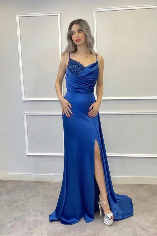 Robe de bal sirène élégante à bretelles spaghetti et volants fendus sur la cuisse