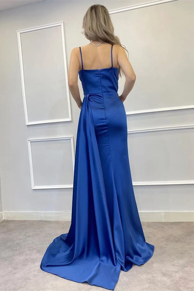 Robe de bal sirène élégante à bretelles spaghetti et volants fendus sur la cuisse