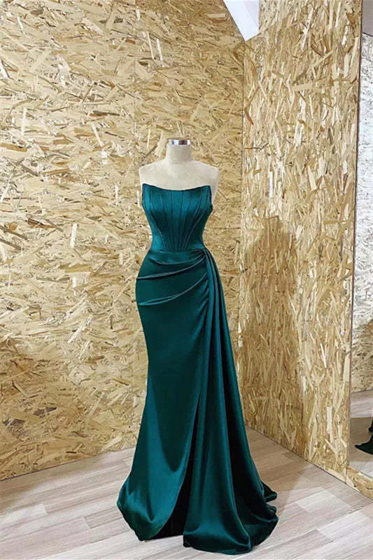 Superbe robe de bal sirène bustier vert foncé à volants plissés