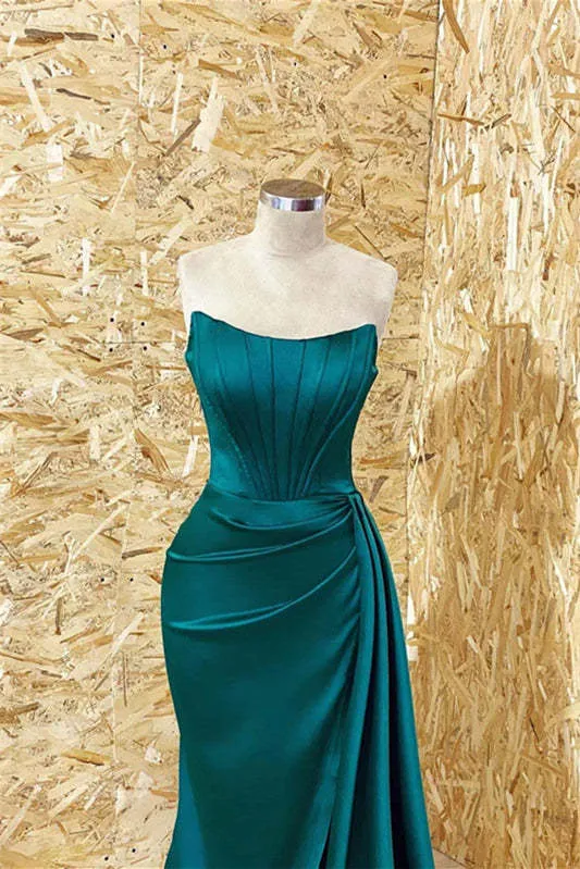 Superbe robe de bal sirène bustier vert foncé à volants plissés