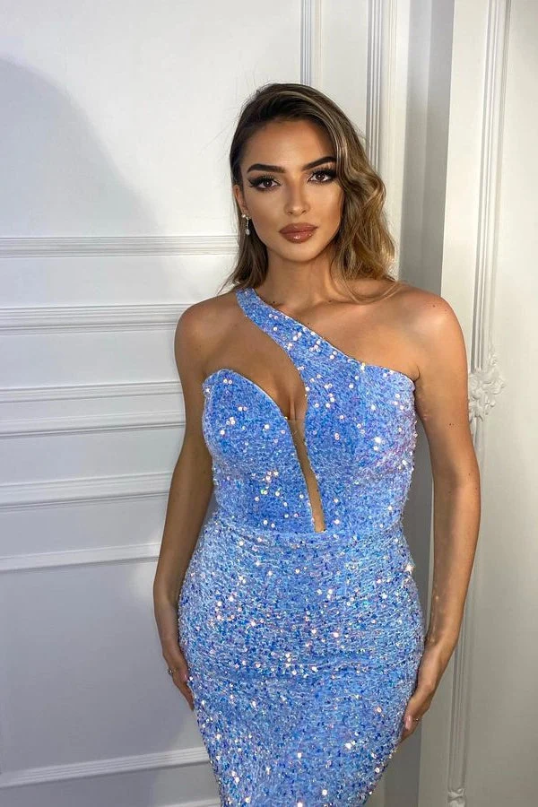 Robe de soirée sirène à une épaule et paillettes bleu bébé éblouissante